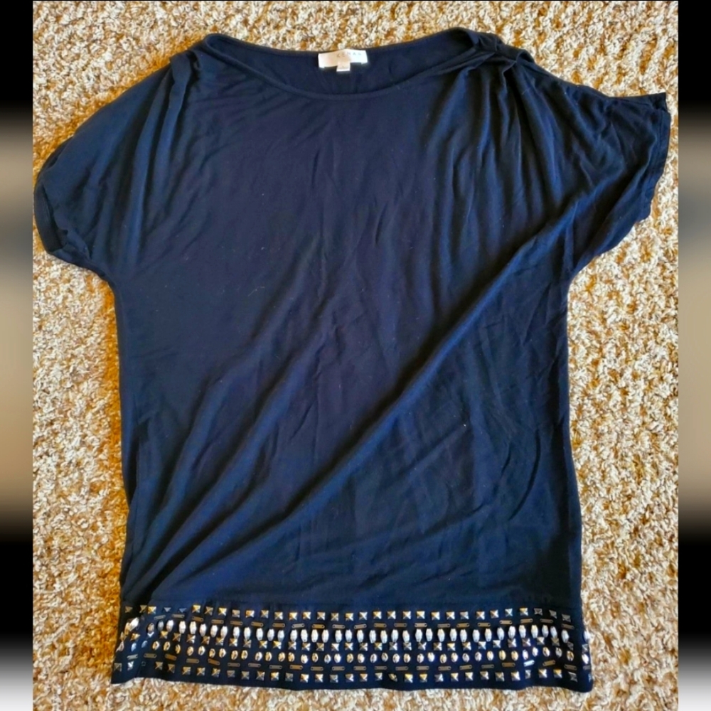 Women's Large kenar studded blouse shirt top short sleeve boxy tee T-shirt black